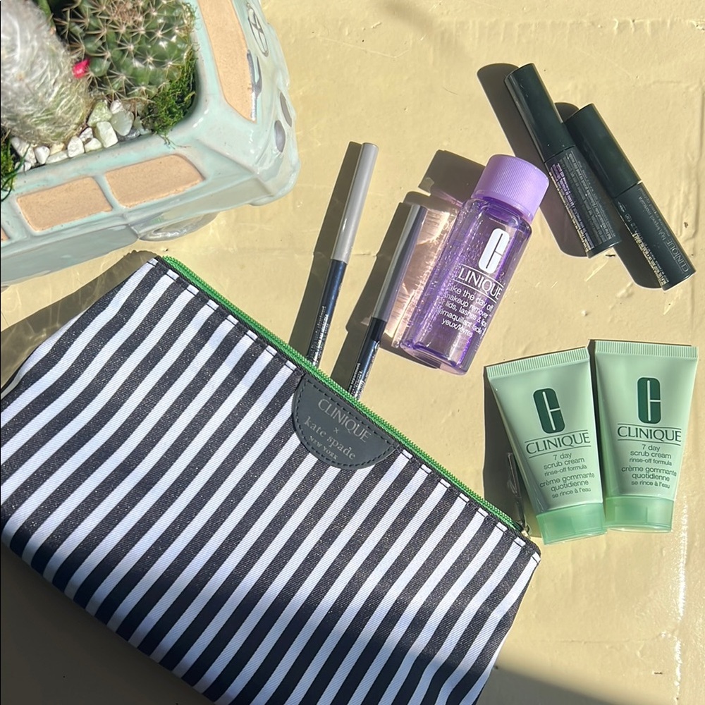 Clinique Black and White Striped Makeup Bag with Skincare Set